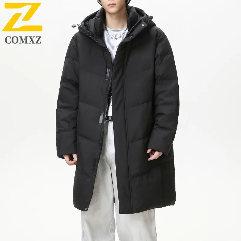 COMXZ Men Long Down Jacket Classic Hooded Outdoor Mountaineering Windproof Parka Solid Color Travel Lightweight Winter Down Coat