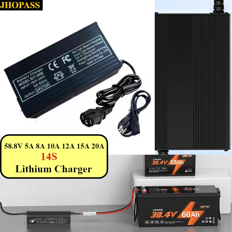 14S LED 58.8V 5A 8A 10A 12A 15A 20A  LiFePO4 Li-ion Lithium Charger Forklift truck Floor scrubber 110V or 220V UK US EU AU Plug