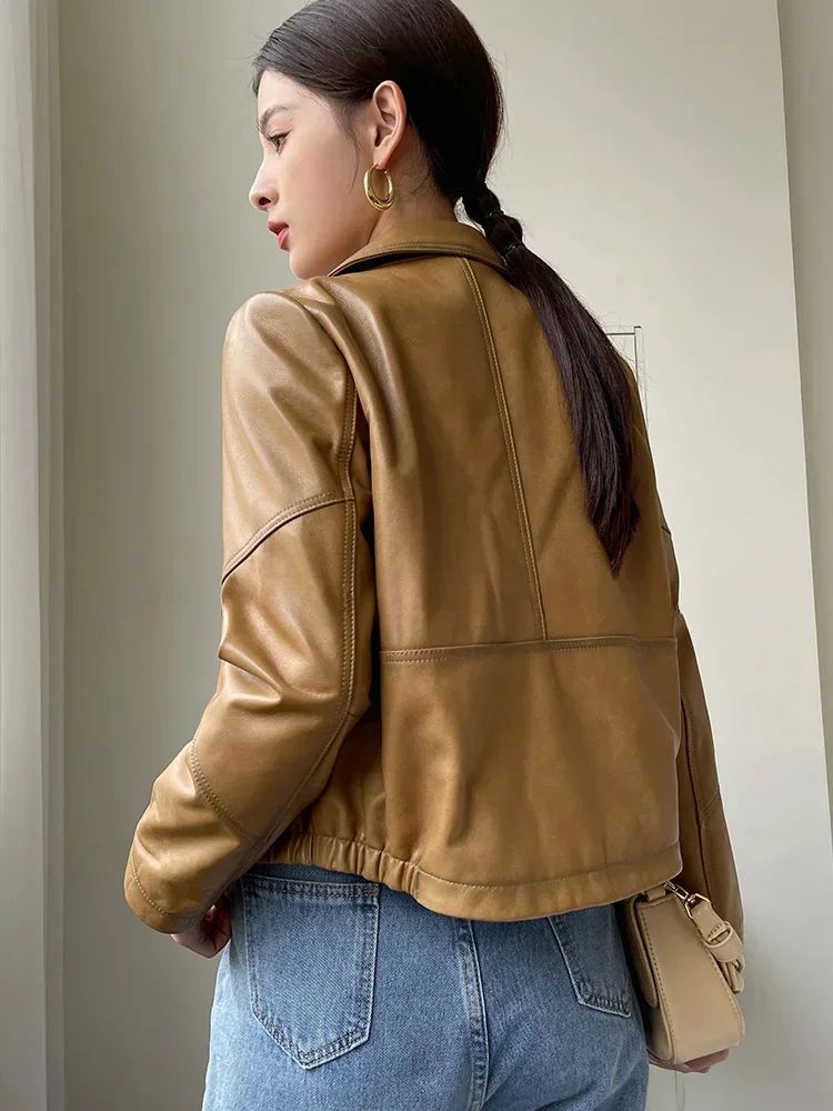 Sheep Natural skin Coat Women Luxury Short Fashion Slim Zipper Notched Collar Genuine Leather Motorcycle Jacket jaqueta feminina