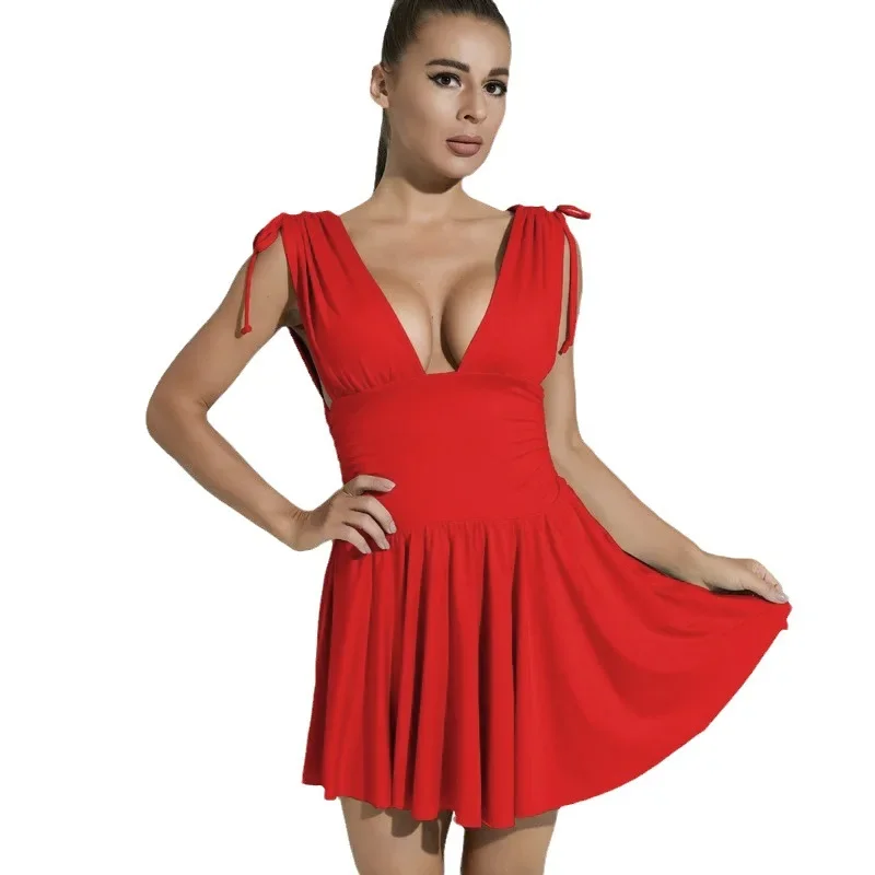 2024 New Waistband Women's Summer Sleeveless Sexy Deep V Slim Fit Pleated Women Dress Party Ball Nightclub MYC8-3