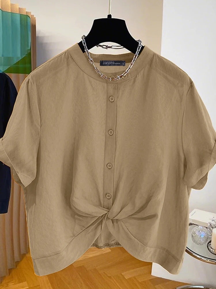 ZANZEA Damska Moda Skręcone Koszule Krótki Rękaw Bluzka 2025 Lato Casual Jednolity Kolor Tuniki Guziki Eleganckie Bluzki Damskie