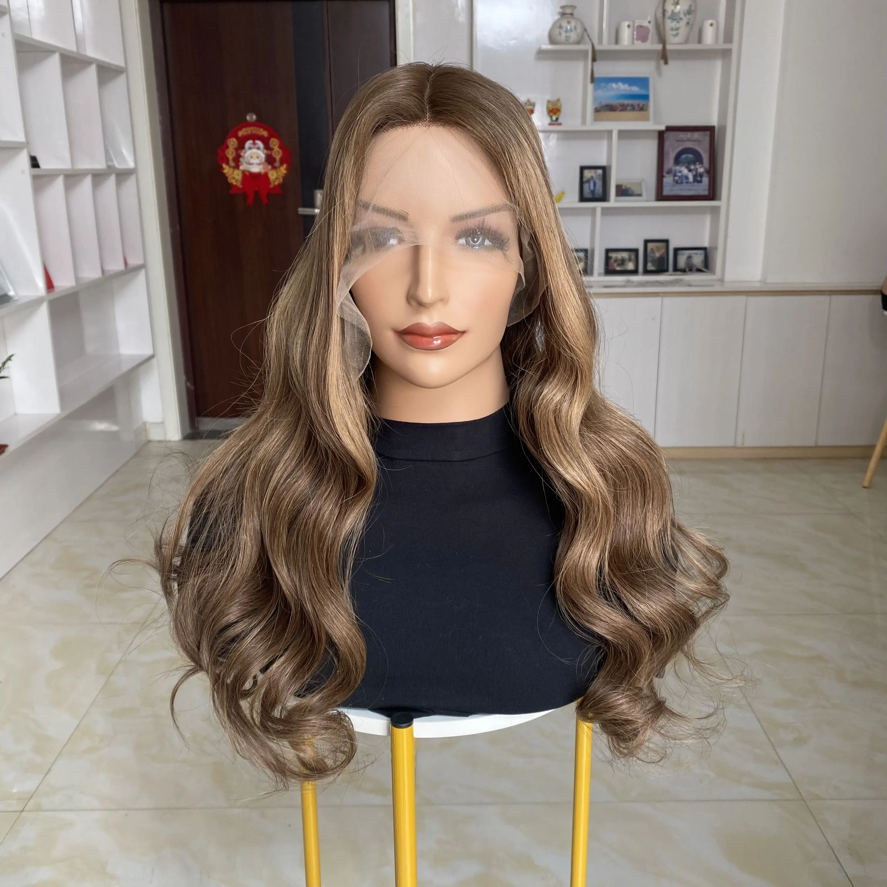 

Instock Fast Shipping Human Hair Lace Front Wig Invisible HD Lace Glueless Cap Balayage Color Hair Wig For White Woman