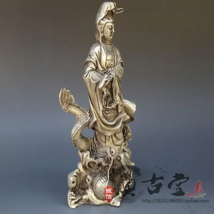 Special Antique Copper Brass Silver-plated Pure Copper Guanyin Bodhisattva Ornaments Large Riding Dragon Guanyin Feng Shui Decor