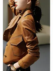 Spring autumn fashion women's short coat lapel long sleeve motorcycle street pu leather jacket