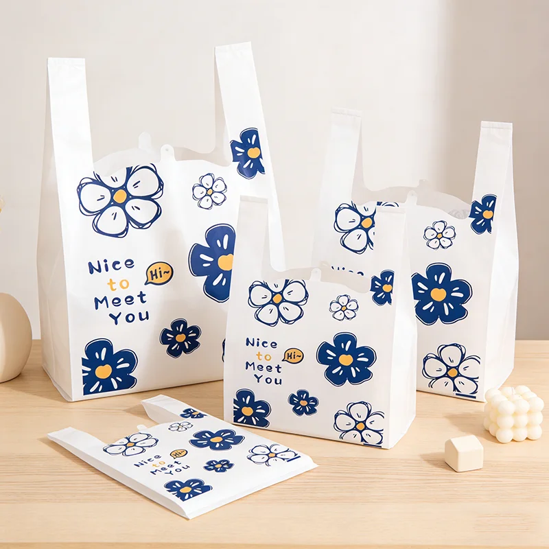 50/100pcs Blue Flowers Gift Tote Plastic Handle Shopping Bags with Wrap Small Business Packaging for Birthday Party