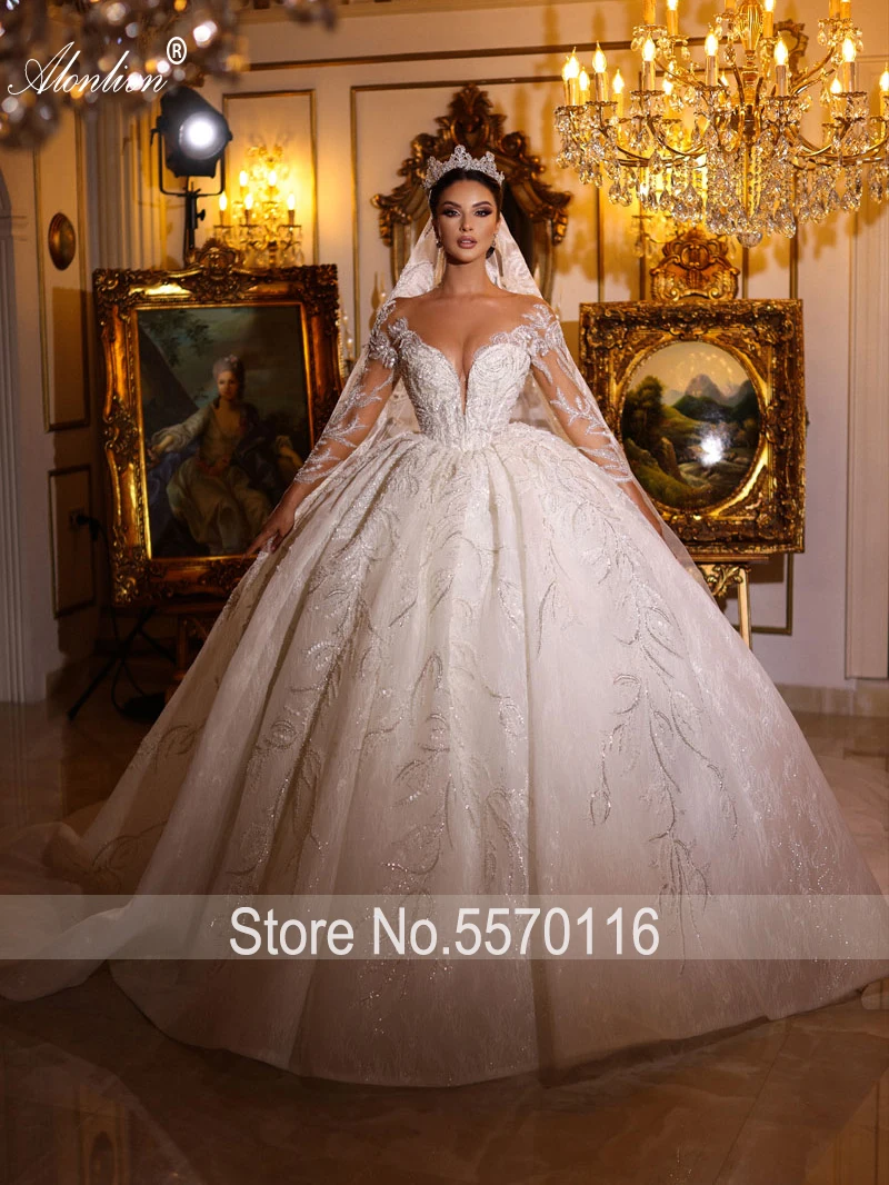 Alonlivn Luxury Beading Crystals Appliques Ball Gown Wedding Dress Embroidery Lace Princess Bridal Skirts