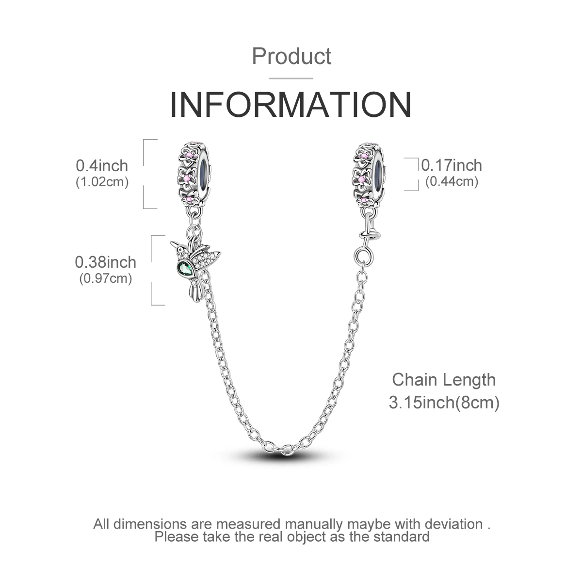 925 Sterling Silver Hummingbird Flower Safety Chain Charm Pink CZ Stopper Fit Bracelets Nature Bird Women DIY Jewelry Gift view 4