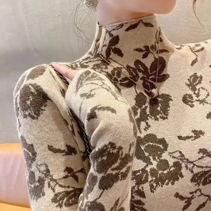 Women Clothing Fashion All-match Slim Westernization Floral Pullovers Daily Casual Elastic Knitted Chic Sweater Lady Wool Tops