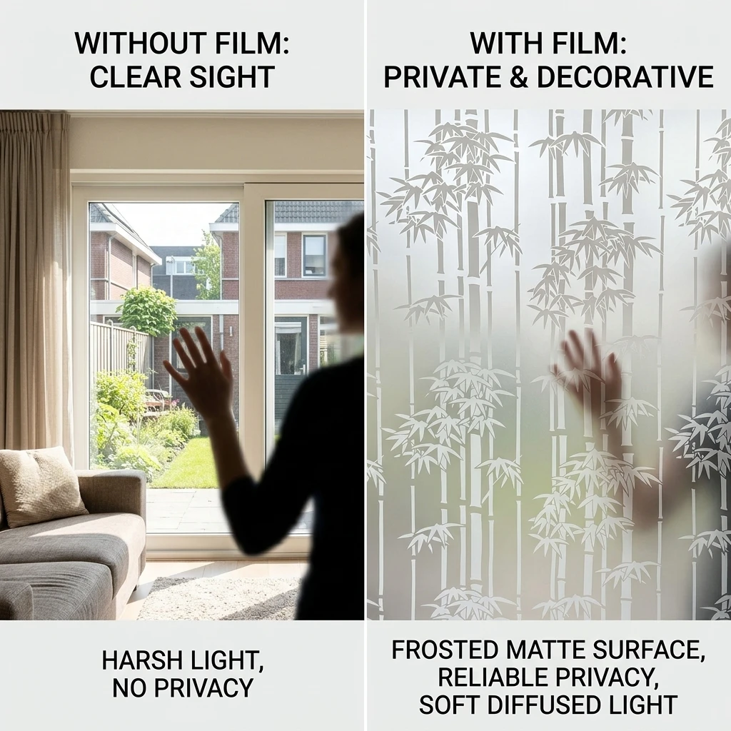 Elegant Vertical Bamboo Silhouette Window Film Self-Adhesive Frosted Privacy Protection Waterproof Oil-Proof Anti UV Heat