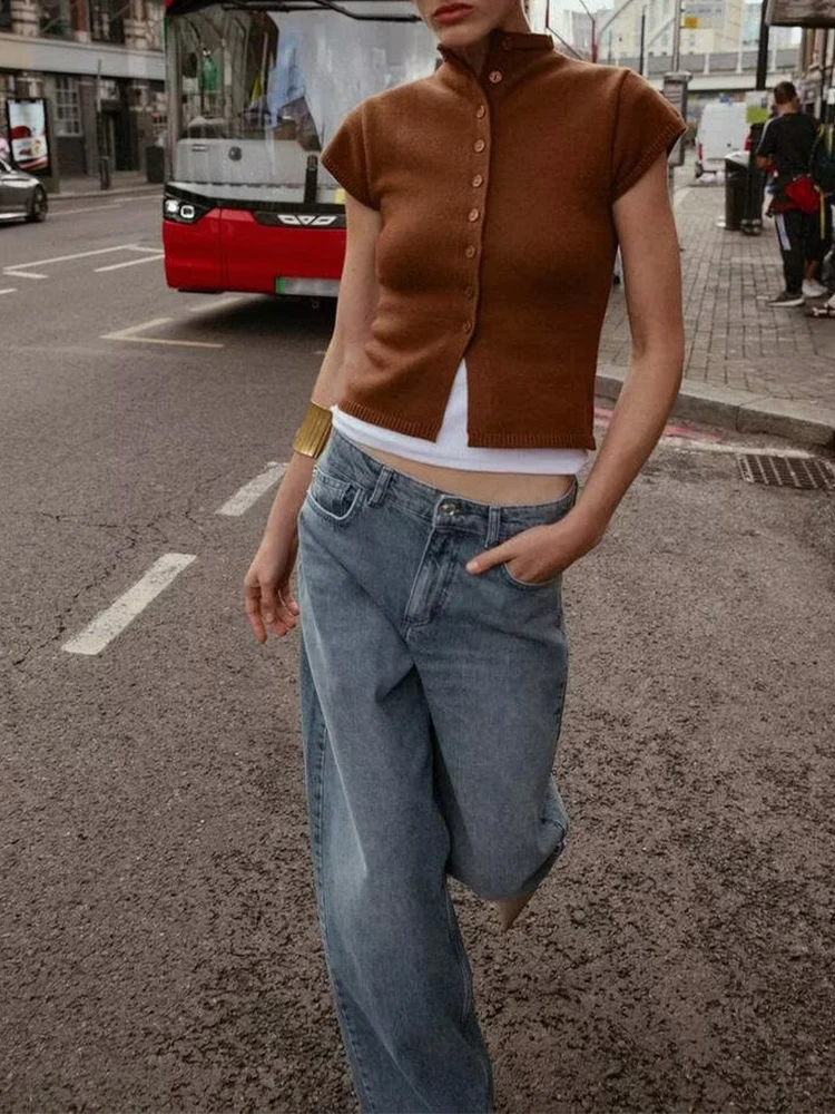 

European and American style autumn new arrivals women's clothing versatile button-down round neck short-sleeved knitted top