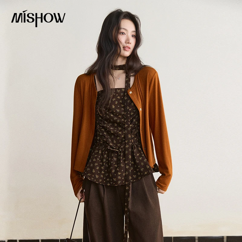 MISHOW Floral Cami Knit Cardigan 2 Piece Set 2026 Autumn Orange Cardigan Tank Top with Ribbon Elegant Ladies Sets MXF47T3362