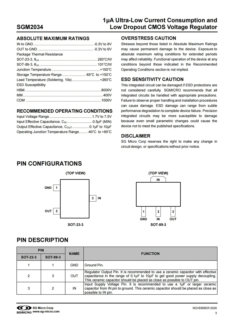 100Pcs/Lot SGM2034-2.8YN3G/TR SOT-23-3,250mA,2.8V,1μA Ultra-Low Current Consumption and Low Dropout CMOS Voltage Regulator