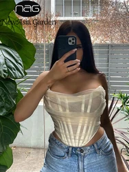 NewAsia Sexy Corset Top Women Sleeveless Off Shoulder Female Boned Cropped Streetwear Bustier Mesh Crop Top White