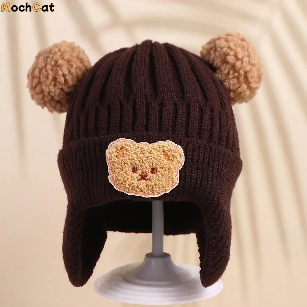 

Cute Cartoon Bear Ear Protection Knitted Hat Wool Thermal Hat Baby Beanie Cap Skullies Solid Color Kids Crochet Hats Toddler