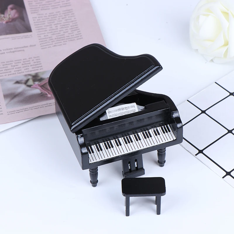 1:12 Dollhouse Miniature Black Wooden Grand Piano with Stool Model Play Toys