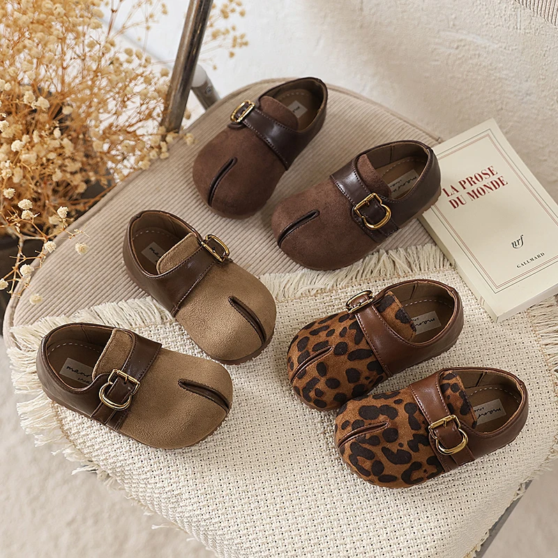 Children Mary Janes Korean Style Leopard Kids Flat Shoes Soft Sole 2025 Autumn New Girls Leather Shoes Round Toes Elegant Sweet