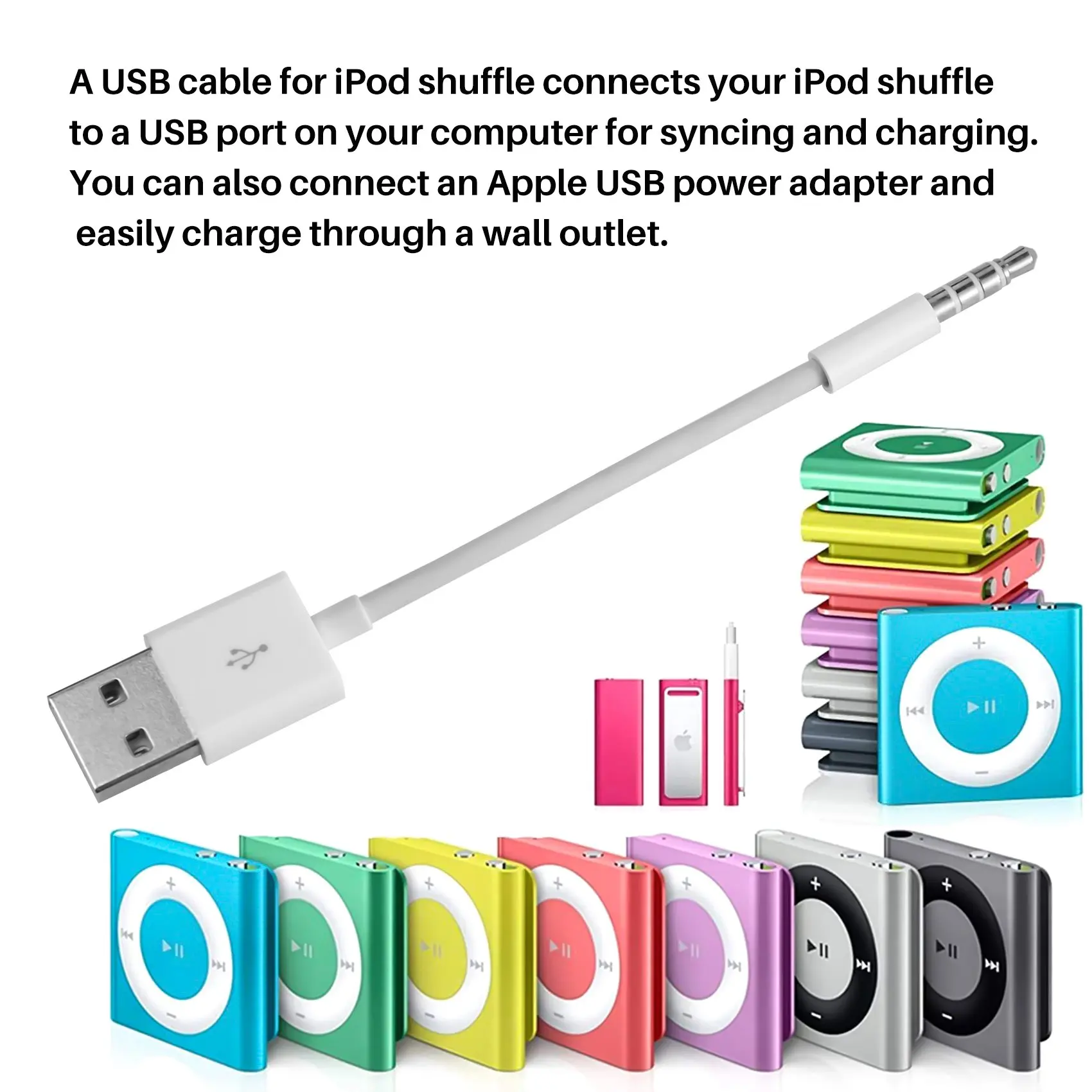 مناسبة لكابل بيانات SHUFFLE USB Mp3 شحن 3، 4، 5، 6 سلك شاحن الجيل السابع