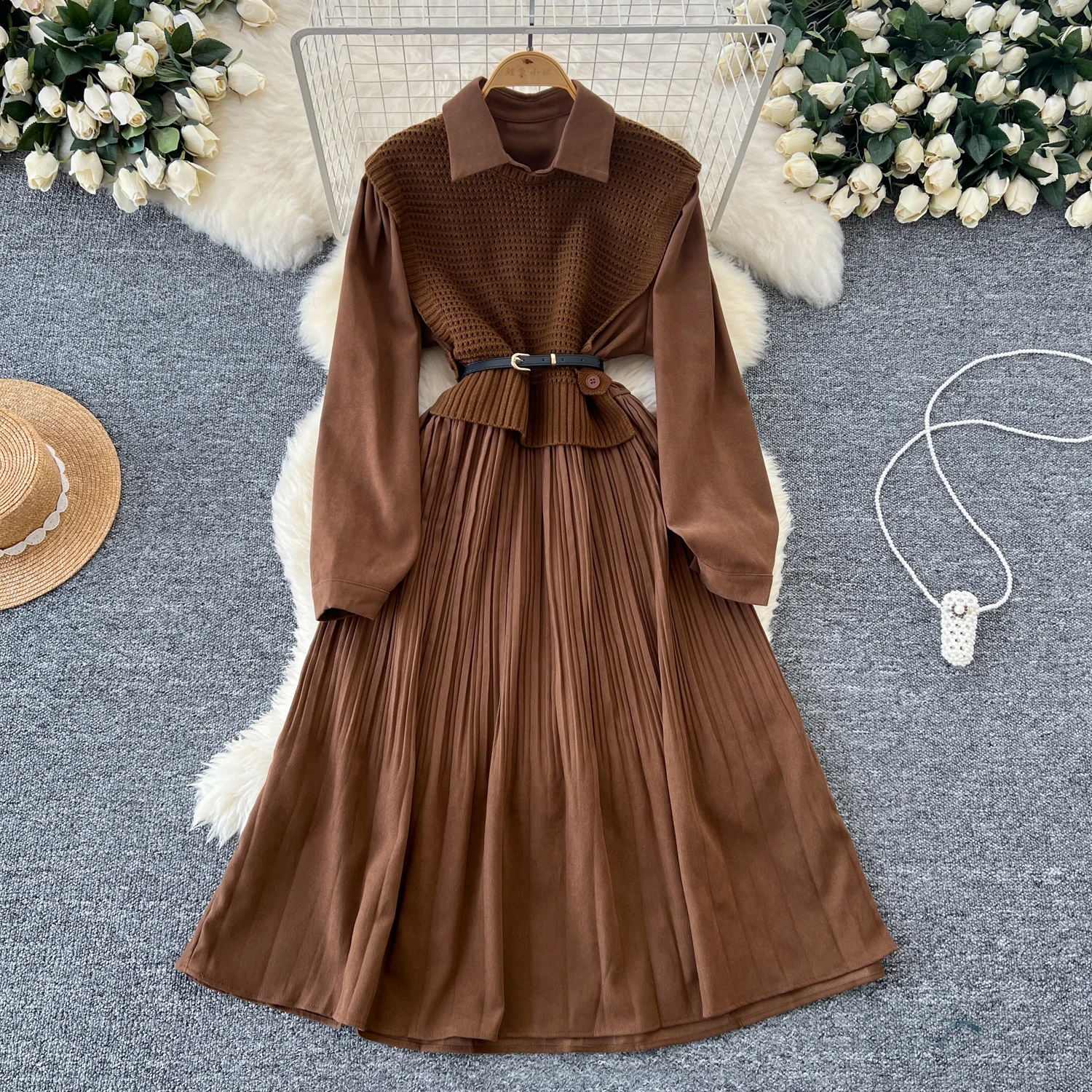 Elegant Turn-down Collar Knit Vest Vintage Long Sleeve Chic Pleated Slim Dress French Evening High Street Autumn Winter Clothing