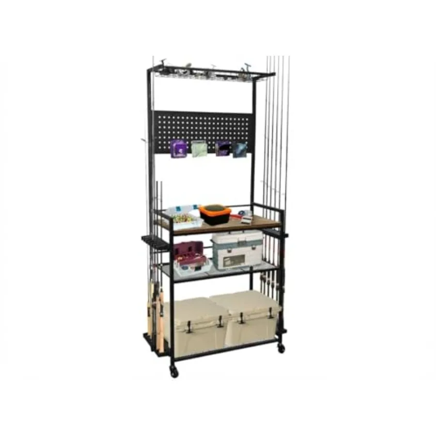 

Fishing Rod Holders for Garage, Fishing Pole Holders Up to 12 Rods with Pegboard and Hooks, Rolling Fishing Cart with Wheels, F