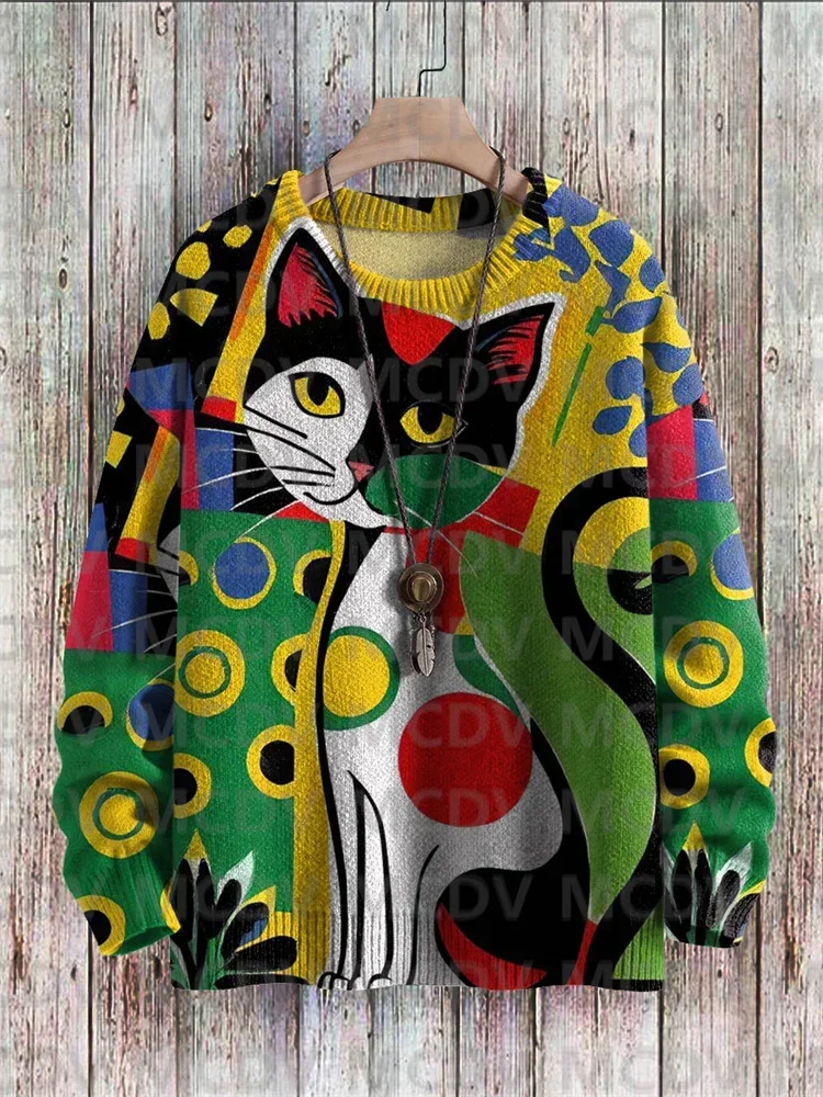 Cat Floral Art Print Pullover Knitted Sweater Printed Sweater Men's For Women's Pullover