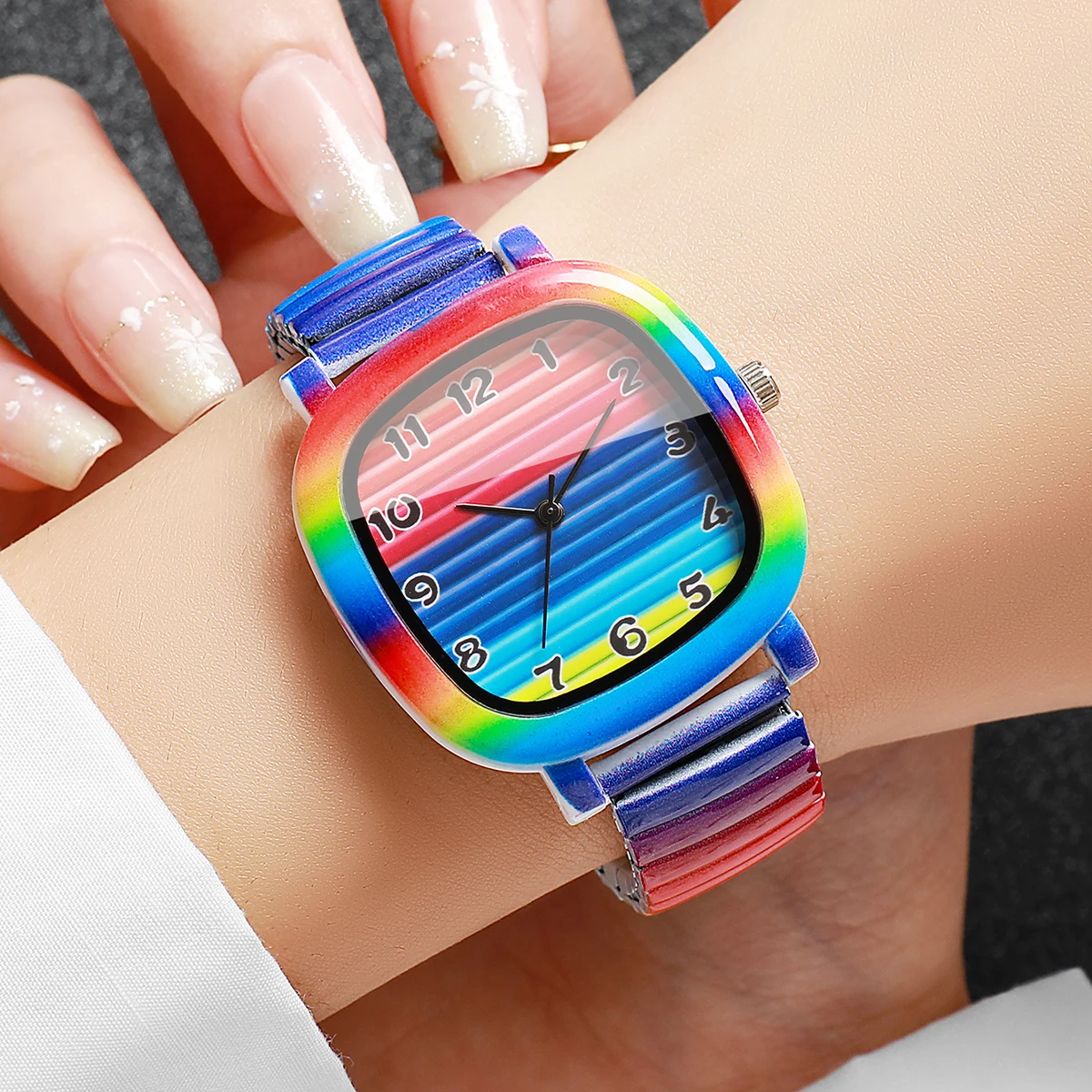 Fashion Rainbow Elastic Stretch Band Women Watches Square Girls Dress Wristwatch Clock Gift Relogio Feminino（Without Box） - view 2