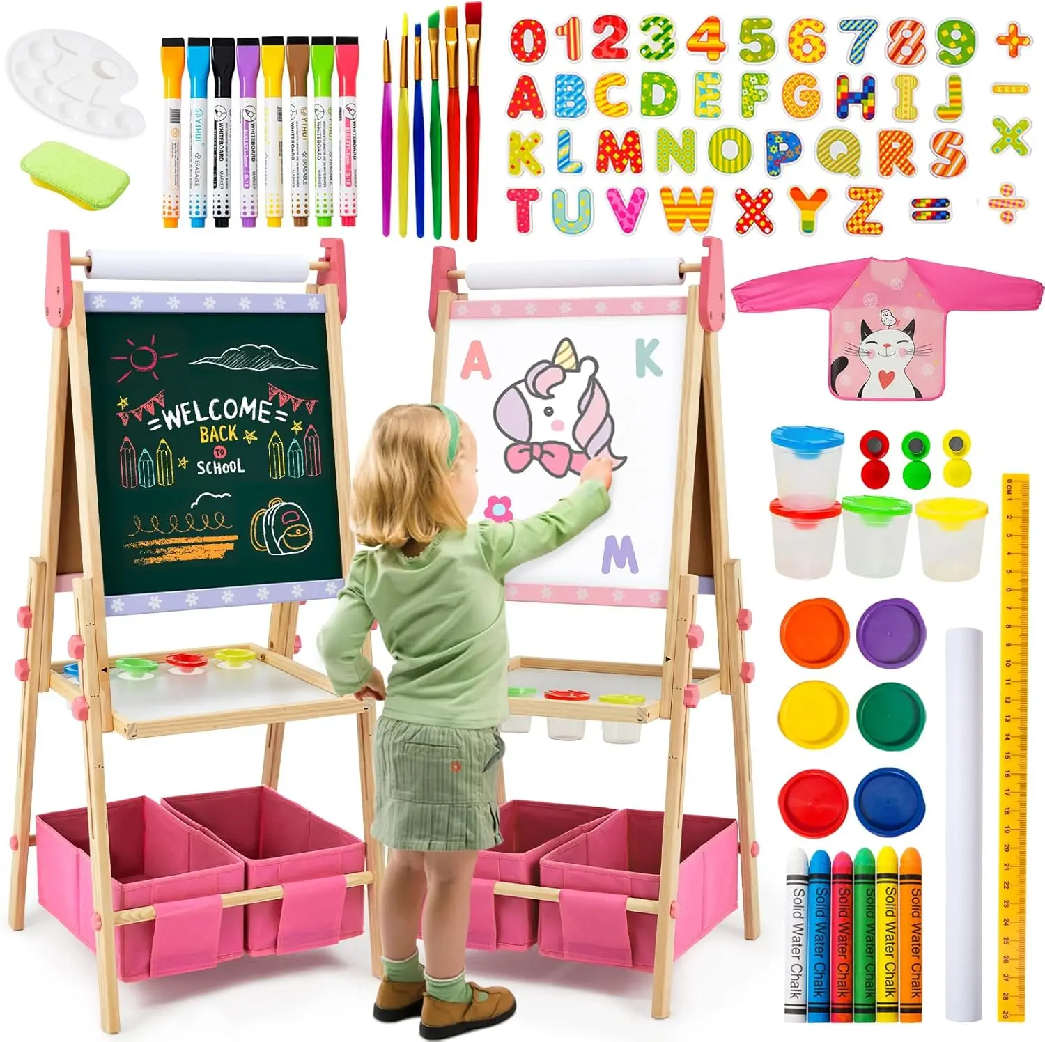 

Dual-Sided Pink Wooden Easel for Kids with 100+ Art Supplies, Adjustable Height, Magnetic Chalkboard & Painting Board for