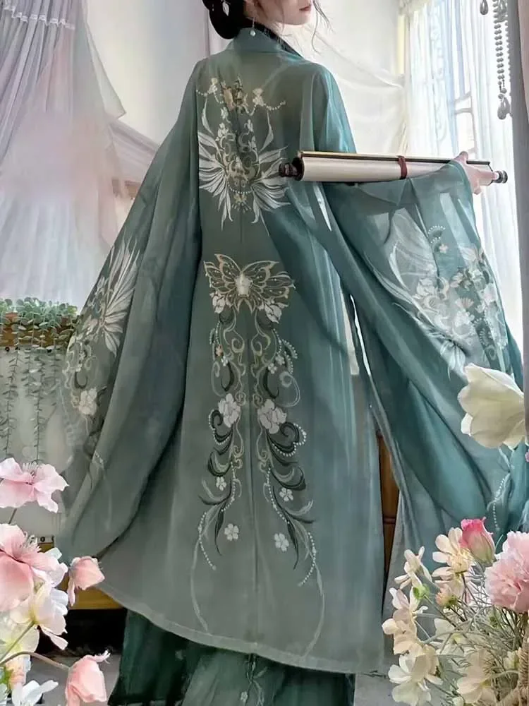 Gaun Hanfu antik wanita Tiongkok tradisional, kostum bermain peran Halloween hijau Hanfu bermotif 3 potong ukuran Plus XL