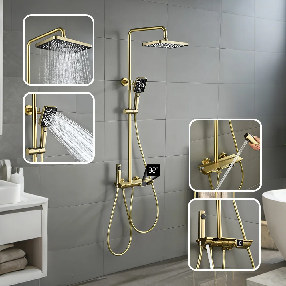 

Luxury Brushed Gold LED Display Bathroom Faucet 4 Ways Rainfall Bathtub Shower System Solid Brass Mixer Tap Shower Faucet Set