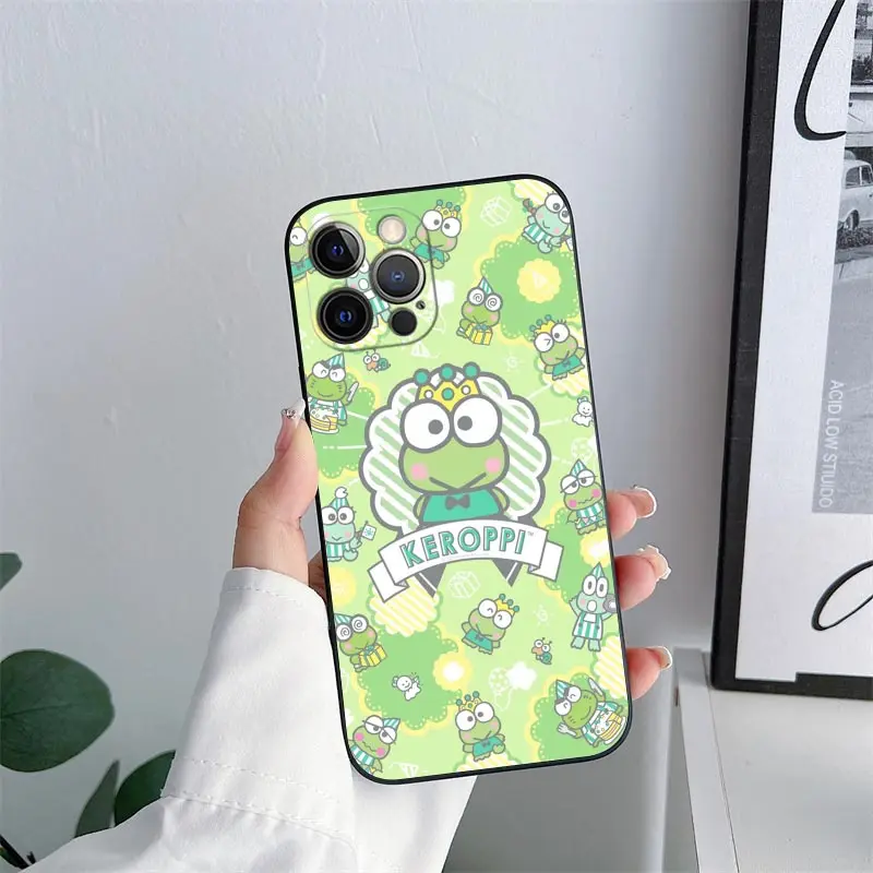 Cartoon Keroppi Green Frog Phone Case for iPhone 11 15 Pro Max Case Coque 14 Plus 13 Pro 12 11 X S XR 7 8 SE 2020 TPU Soft Cover