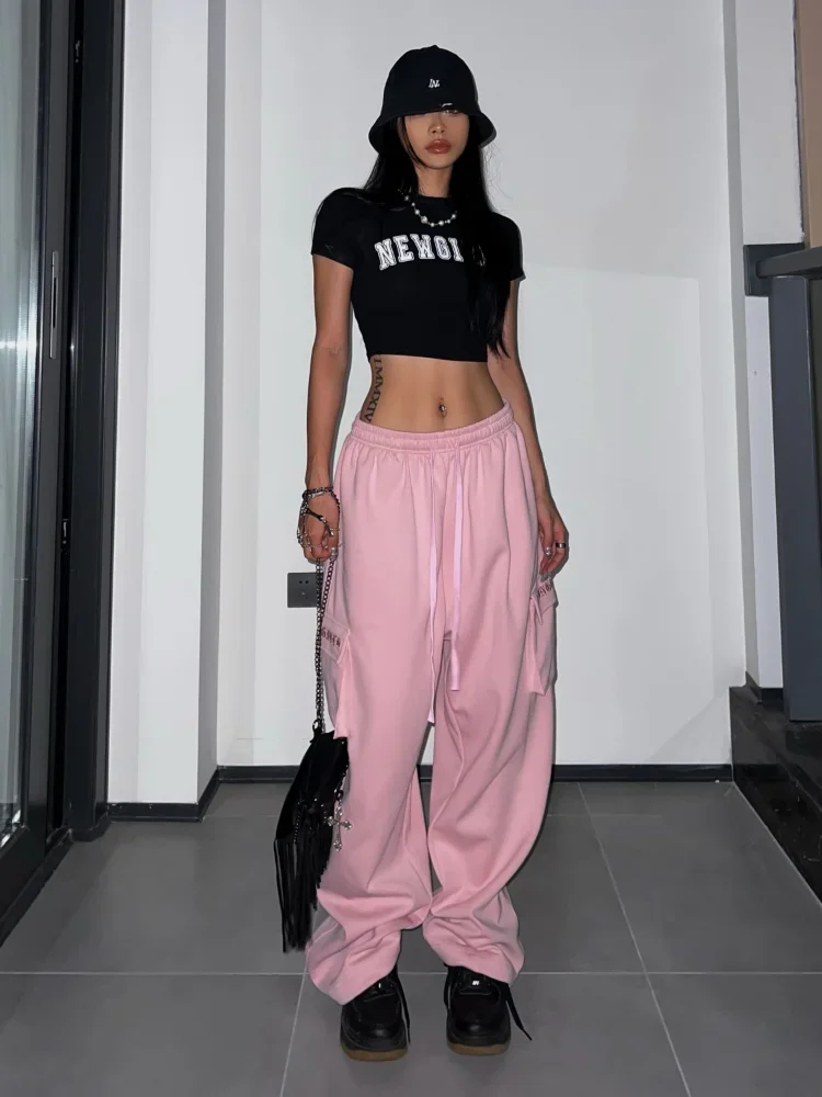 Deeptown Y2K Pink Cargo Parachute Pants Oversize Hip Hop Jogging Sweatpants Egirl 90s Aesthetic Vintage Wide Leg Trousers Female