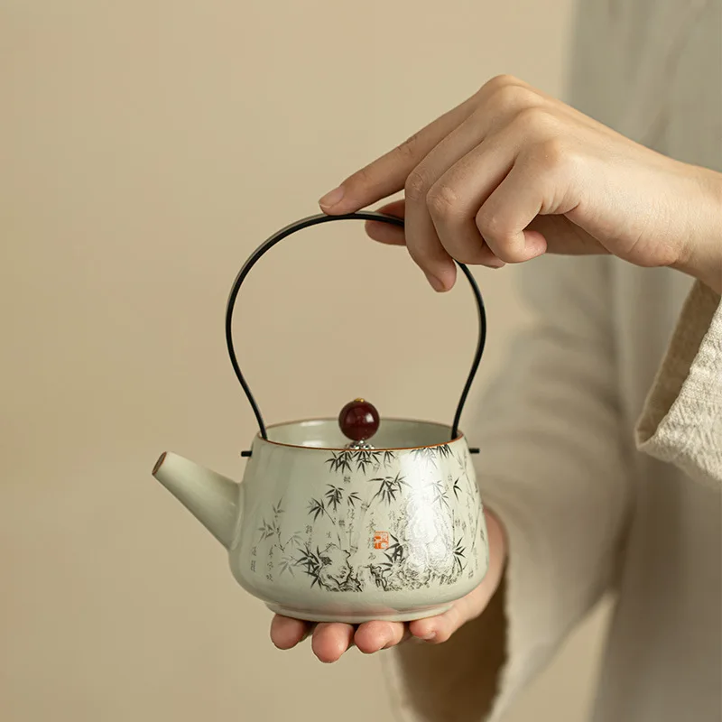 إبريق شاي سيراميك عتيق مع مقبض طقم شاي الكونغفو الصيني التقليدي وعاء تخمير على الطراز القديم لمحبي الشاي Pu erh #1