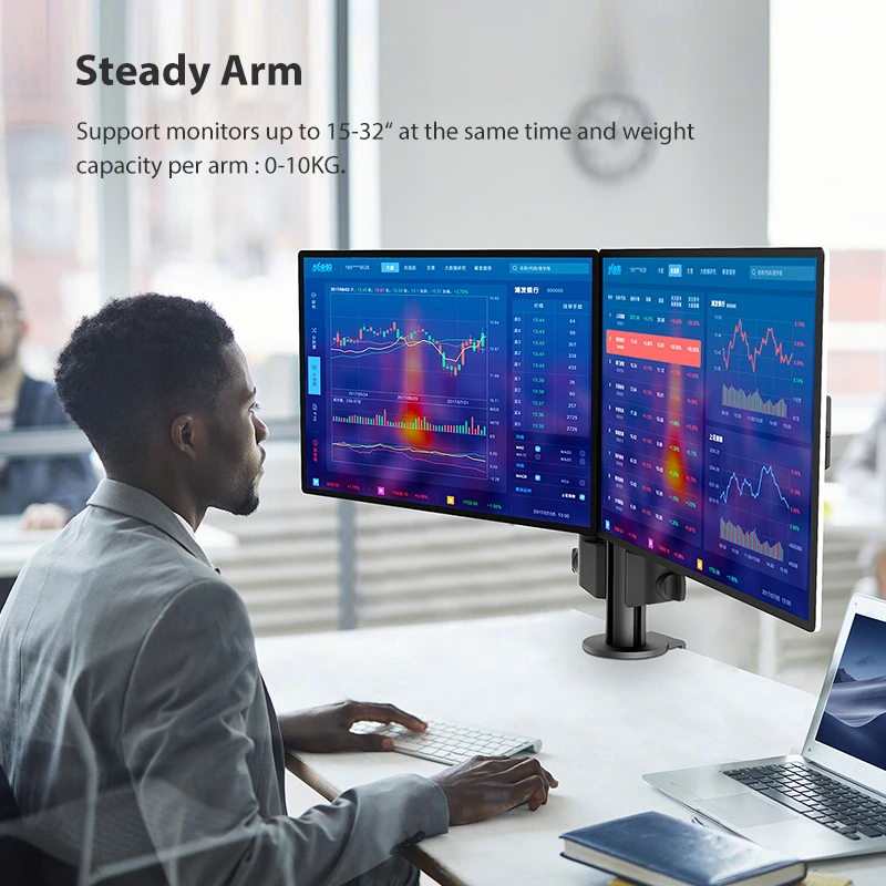 BEWISER 양팔 360도 회전 디스플레이 스탠드 13~32인치 컴퓨터의 듀얼 화면을 위한 스탠드, 높이 조절, 모든 각도의 회전, 10~100mm 두께의 집게가 가능하며, 각 팔은 약 10kg (17.6 파운드)의 하중을 견딜 수 있어 매우 안정적이며 모니터 스탠드를 10분 이내에 쉽게 설치할 수 있습니다.인체공학에 맞는 정확한 위치에서 작업하면 압력을 감소시켜 효율을 두 배로 높일