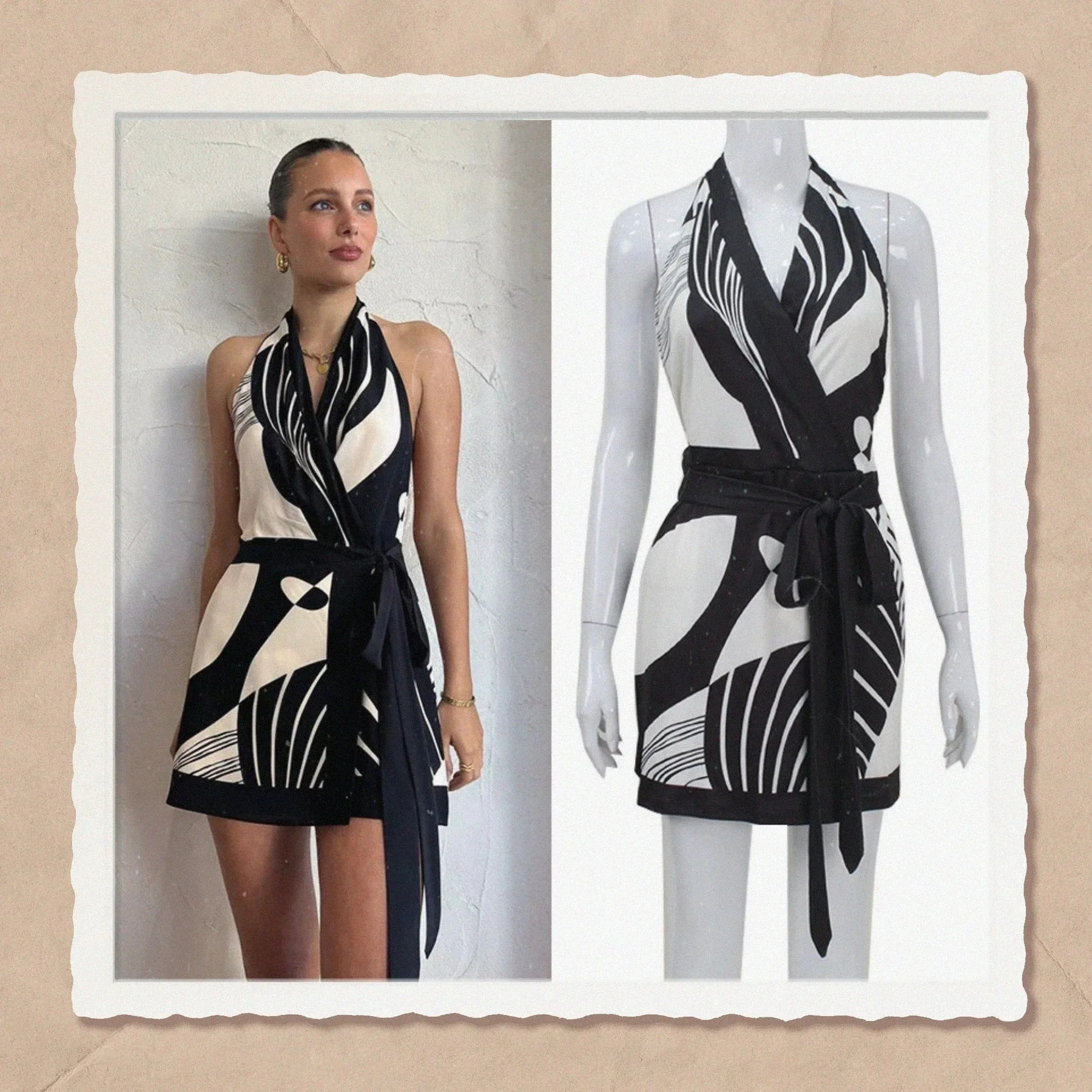

Classic Color-Block Printed Dress Sexy Off-Shoulder Deep Backless Dress Fashionable Minimalist Waist-Cinching Belted Mini Skirt