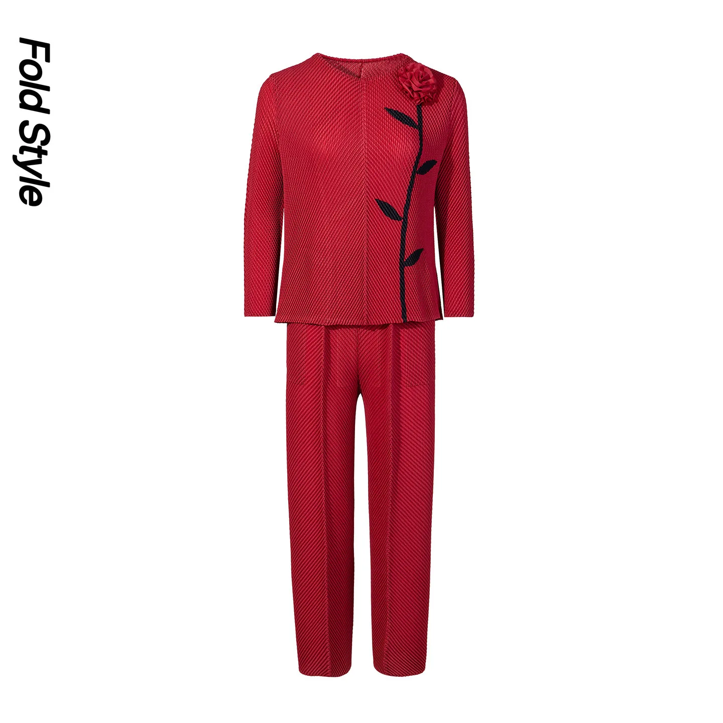 

Miyake Fashion Casual Suit Loose and Loose Fish Scale Pleated Crew Neck Disc Top High Waist Straight Pants Two-piece Set Women