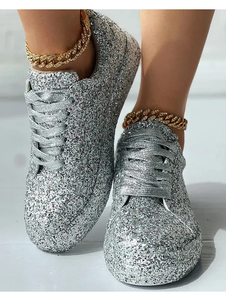 2024 New Woman Sneakers donna argento lucido bellissime scarpe vulcanizzate traspiranti Casual Platform Bling Sneakers primavera autunno