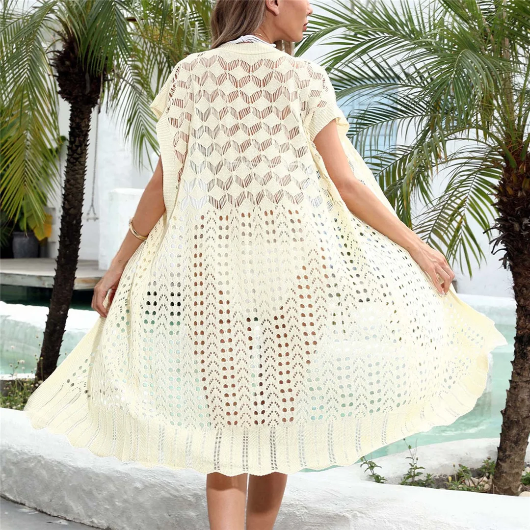 S - XL Kurzarm-Tunika mit Aushöhlungen, gehäkelt, Strand-Überwurf, Strandkleid, Mini-Strandkleidung, Strandmode, Damen, V6592 – Detail 10