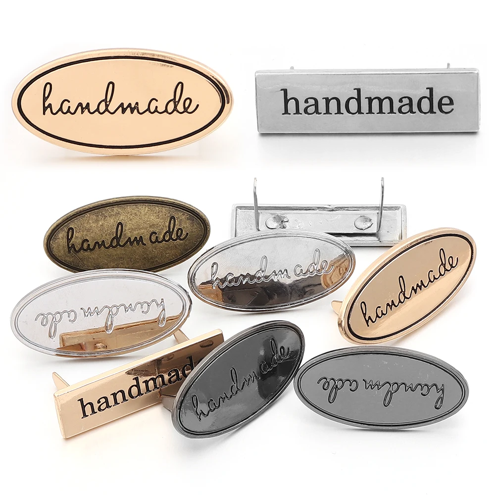 2Sets Hand Made Metal Labels Letter Printed Crafts Garment Labels Tags For DIY Handmade Bags Purse Sewing Labels Accessories