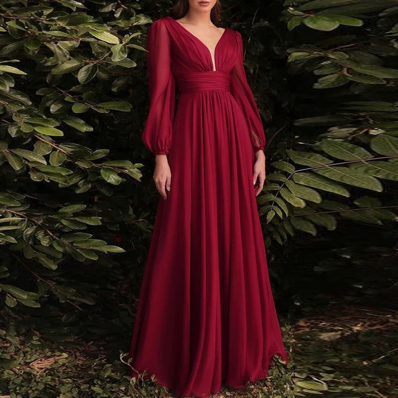 Chiffon Party High Waist Solid Maxi Dress Women Elegant V-neck Swing Pleated A-line Dress All Match Gala Long Sleeve Party Dress