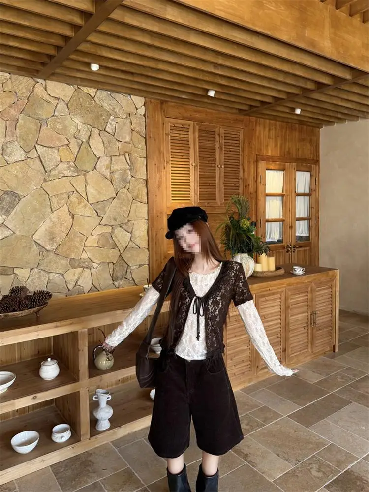 Pure Desire Style Long Sleeve Short Lace Shirt Korean Fashion Doll Collar Cardigan Women's Commute Style Slim Fit Hollow out