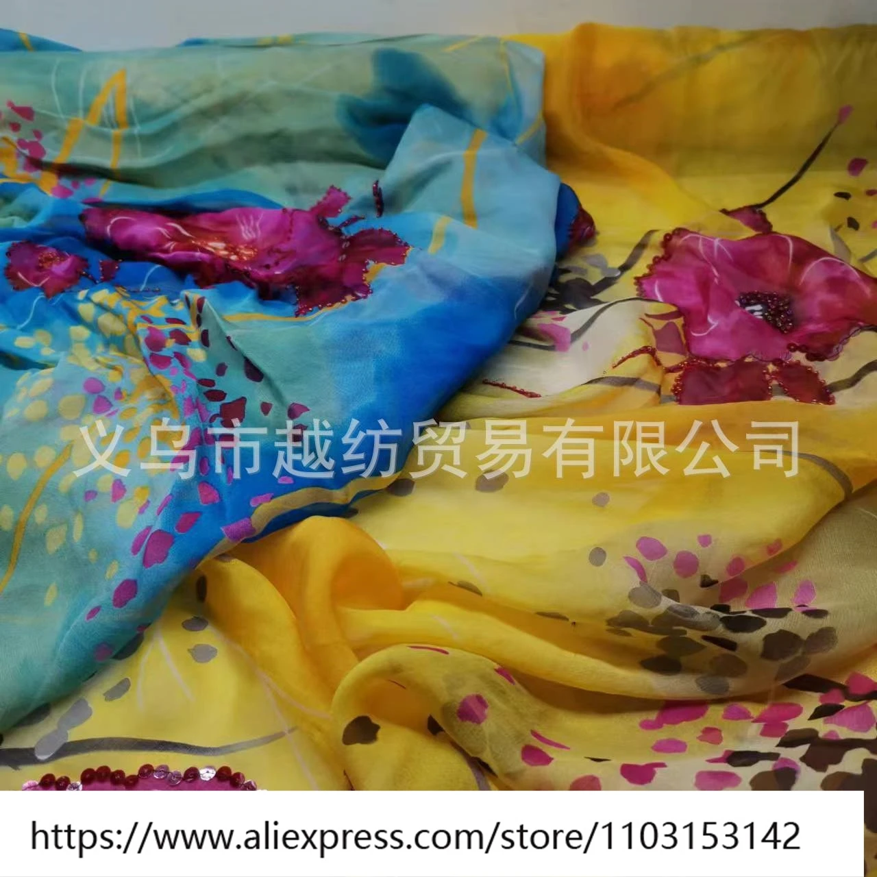 Zomer lichte en dunne zijden chiffon stof 7momme nagel parel borduurwerk pailletten jurk sjaal breed