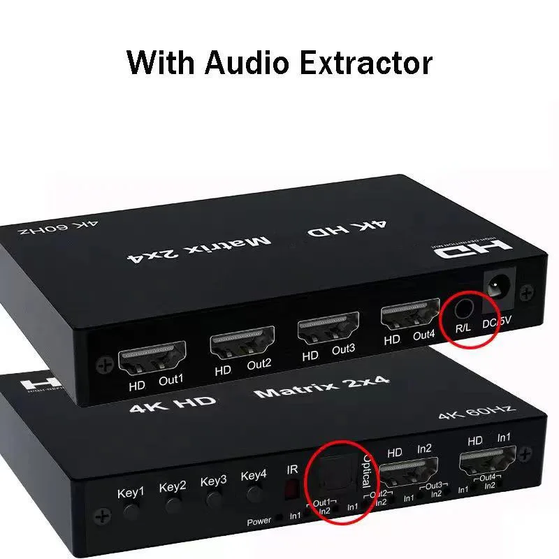 4K Switch 2x4 HDMI-compatible Video 4X2 Matrix Switch Splitter 2 In 4 out with Optical & R/L Audio Extractor Dolby HDCP2.2