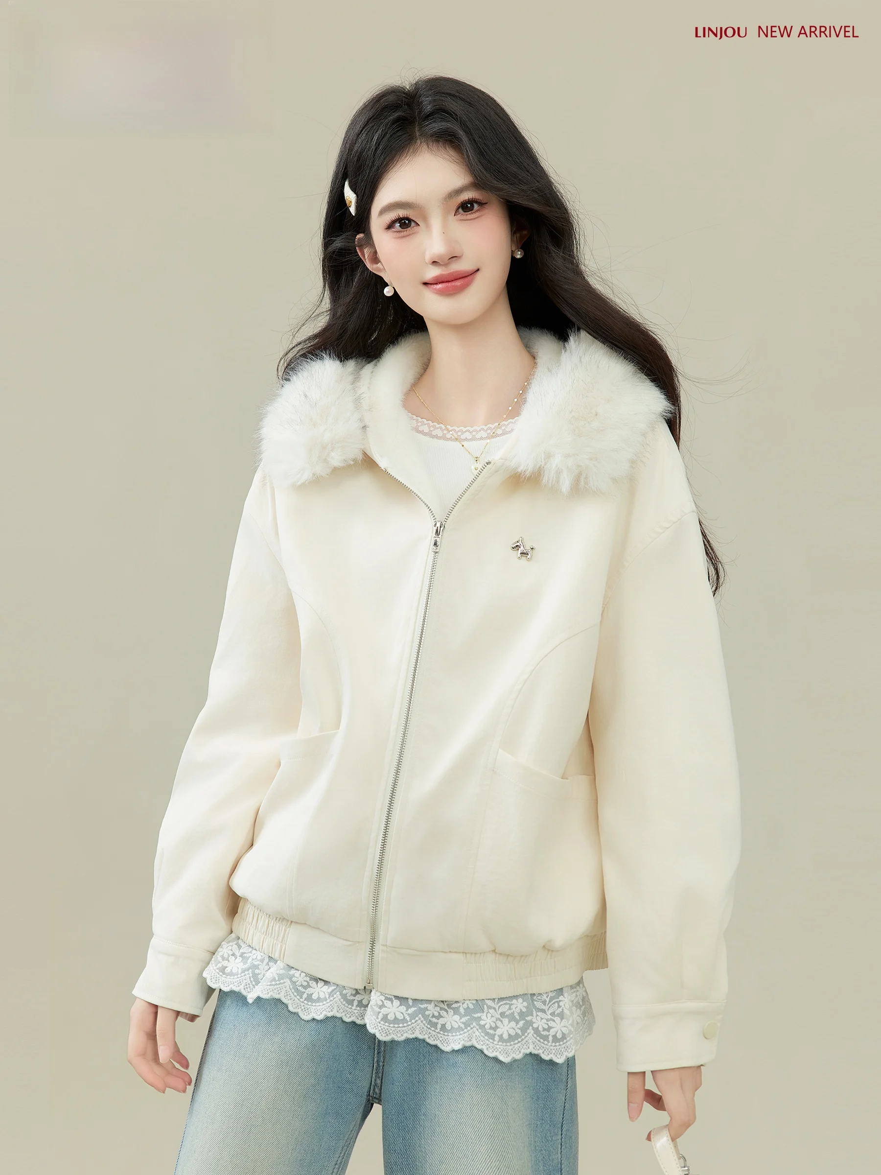 

Женская осенне-зимняя новая свободная кофта-кардиган Lingjiu из мягкого вельвета на молнии с капюшоном и воротником из искусственного меха