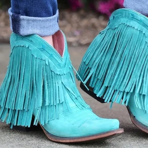 

Hot Seller New 2024 Autumn and Winter New Fashion Medium Heel Large Size 40-43 Fringe Pointed Short Boots for Women Shoes