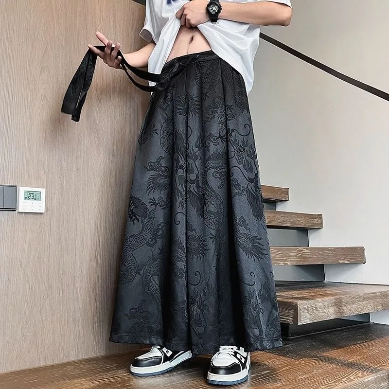 Spring Summer Chinese Style Men Dragon Jacquard Ice Silky Wide Leg Pants Oversized Women Loose Antique Hanfu Quick-drying Pants