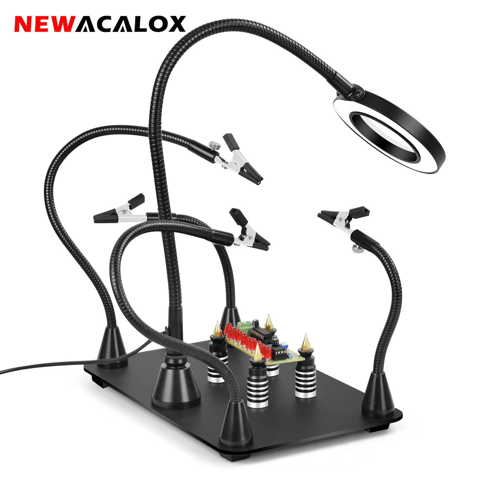 Magnetic Helping Hands Soldering Station with 3X LED Magnifying Lamp 4 PCB Circuit Board Holder 4 Flexible Magnetic Helping Hand