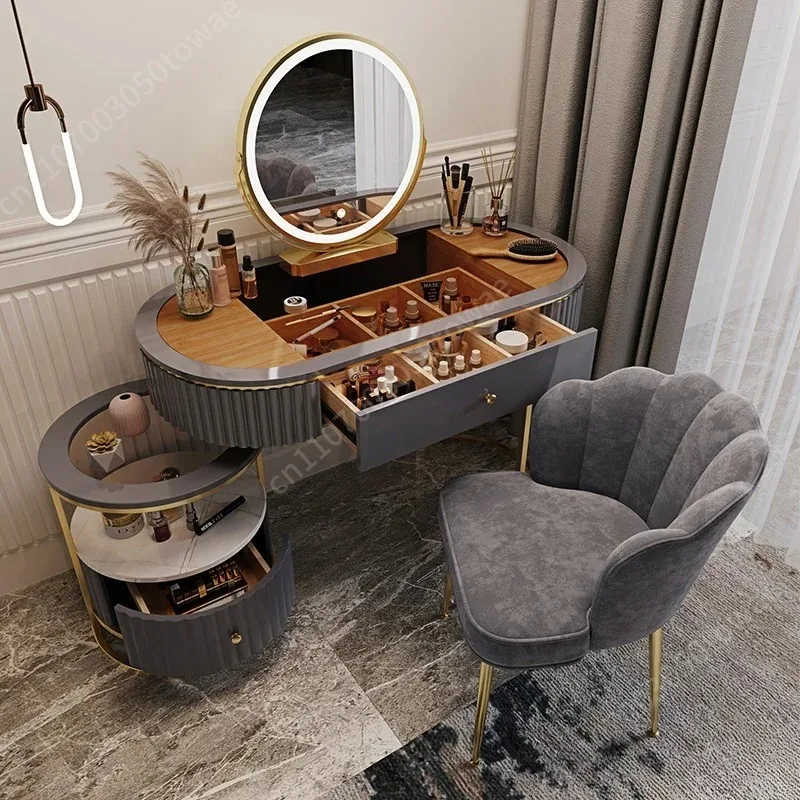 Luxury Flip-Top Vanity Desk with LED Round Mirror, Dressing Table with Side Storage Shelves & Drawers for Bedroom