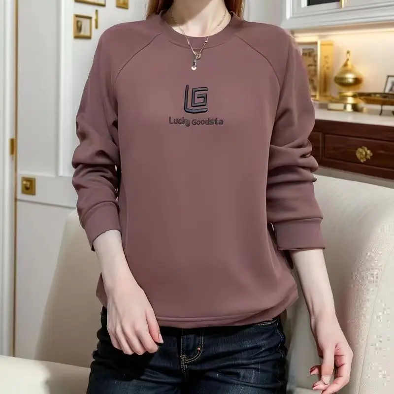 Autumn and Winter Women's Pullover Solid Embroidery Letter Screw Thread Lantern Long Sleeve Hoodies Loose Fashion Casual Tops