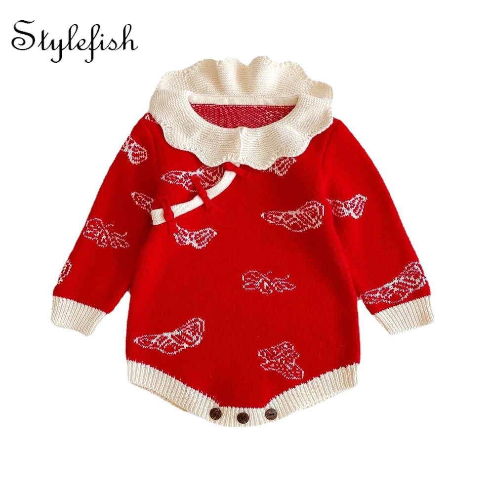 

autumn clothing baby girl 100% cotton long sleeve red Jacquard knitted for new year 2022r jumpsuit baby christmas romper