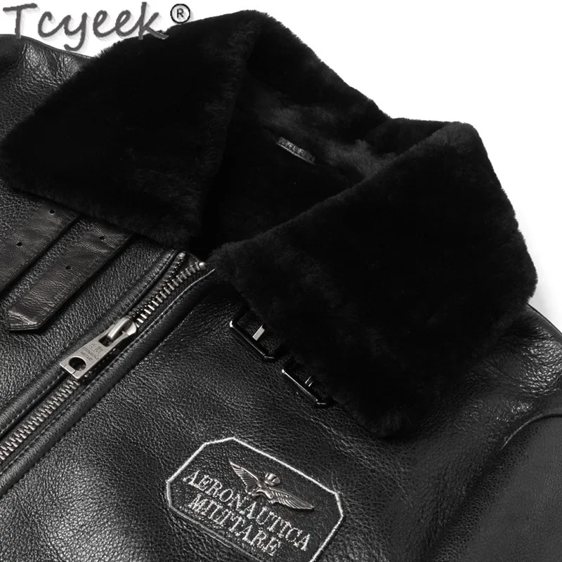 Tcyeek Genuine Leather Man Jackets Warm Real Fur Coat Natural Sheepskin Fur Mens Coats Winter Clothes Motocycle Jacket Slim Fit