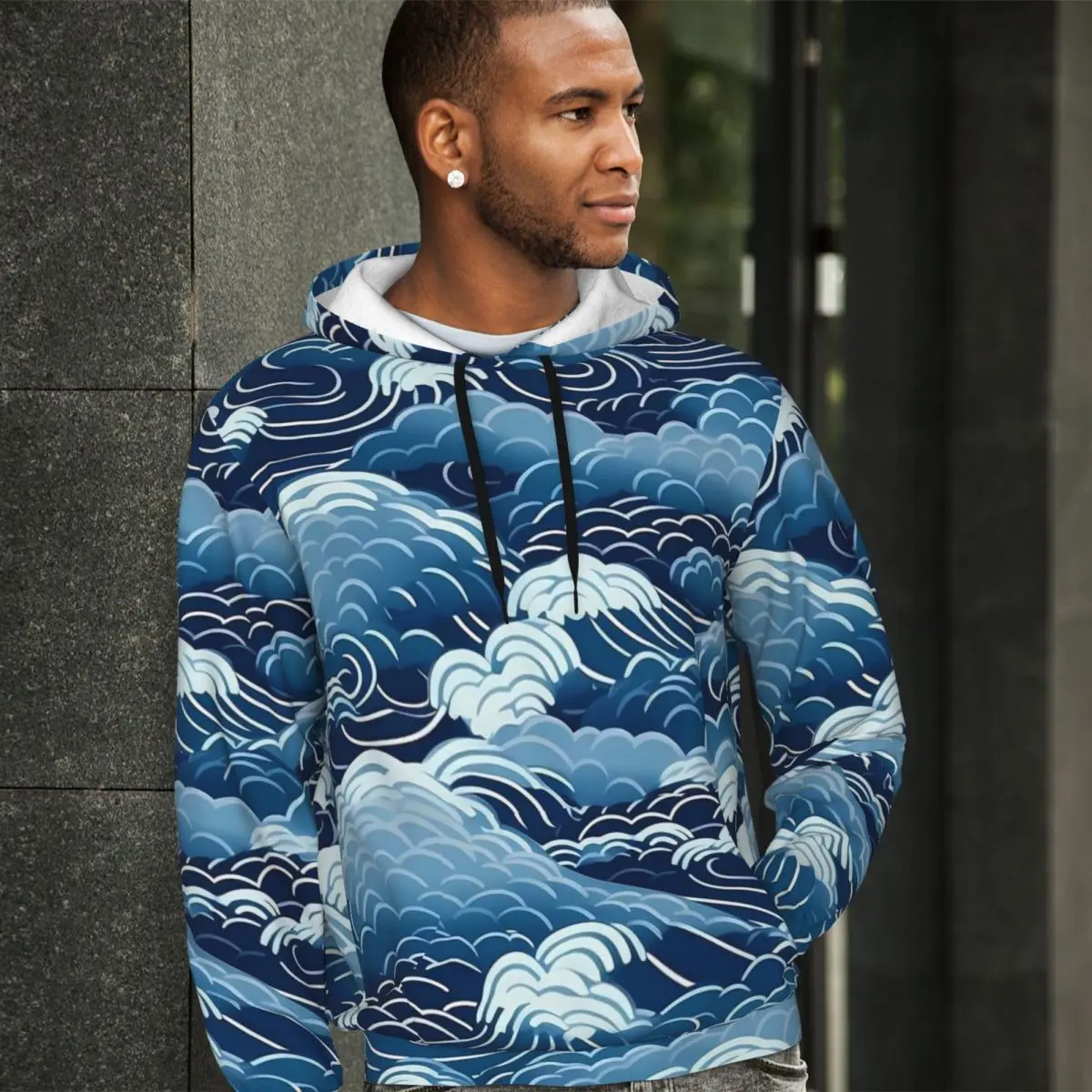 

Japanese Seigaiha Loose Hoodies Man Blue Ocean Waves Casual Hoodie Spring Retro Classic Sweatshirts Plus Size